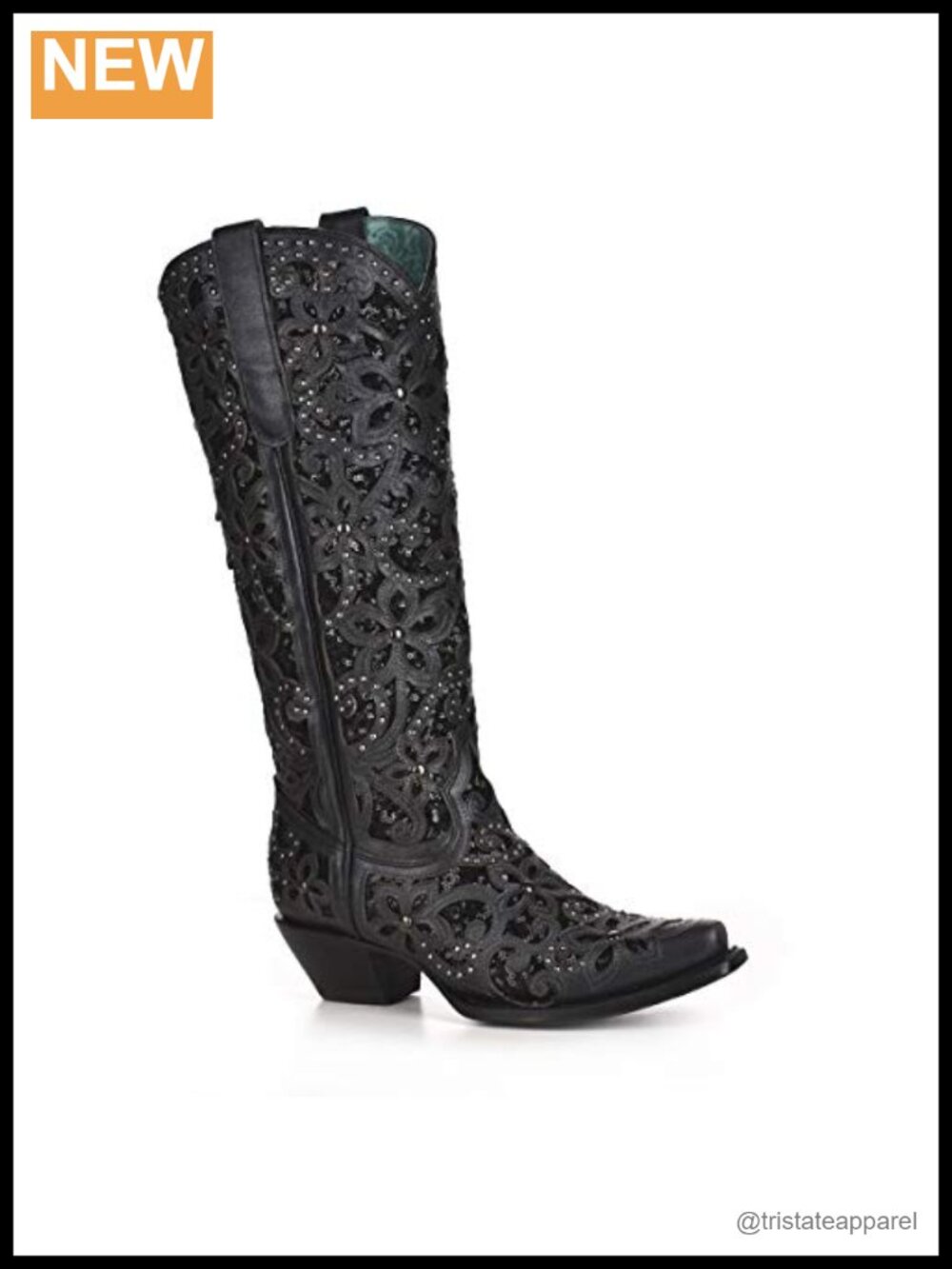 Snip Toe Tall Western Cowboy Boots with Glitter Inlay, Floral Overlay, Crystal